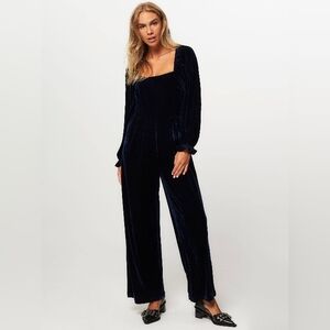 NWT FRNCH July Midnight Blue Velvet Wide Leg Jumpsuit S
